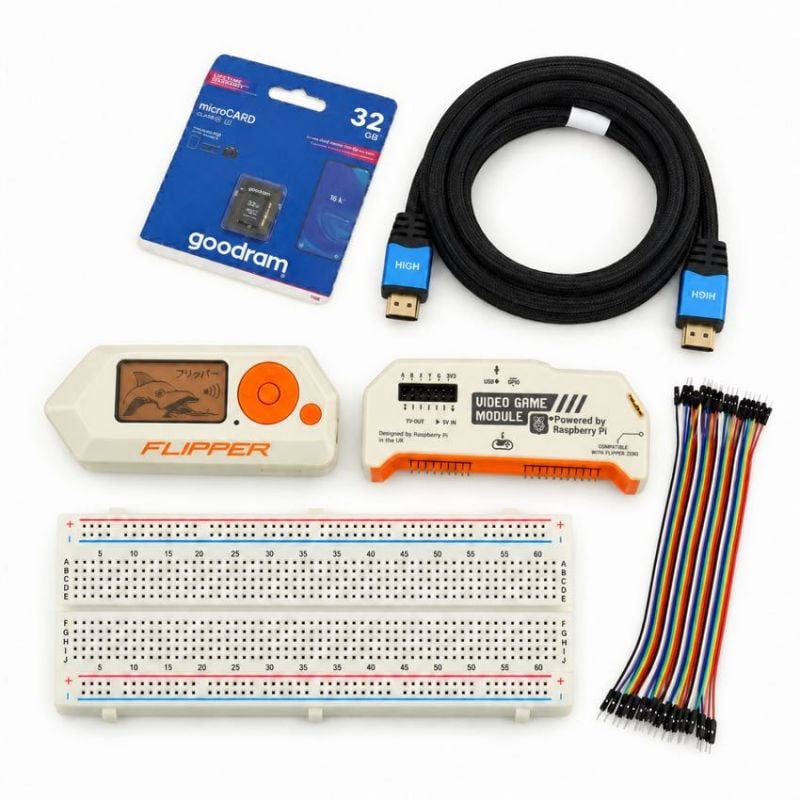 Flipper Zero med videospillmodul, microSD-kort på 32 GB, HDMI-kabel, koblingsbrett og jumperkabler