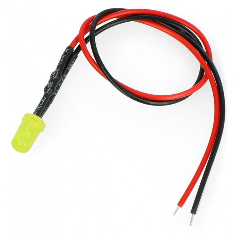 Gul 5mm LED for 12V med motstand og ledning, 5 stk.