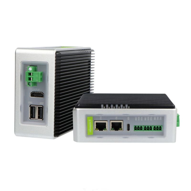 IoT-kontroller med Raspberry Pi CM4 vist fra to sider, med nettverksporter, USB-port og skruterminaler