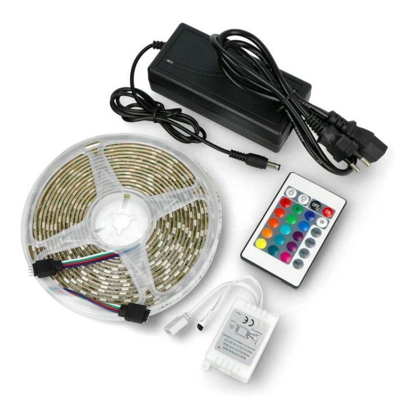 LED stripe 60 LED-er/m, RGB - 5m + 12V / 5A strømforsyning + kontroller