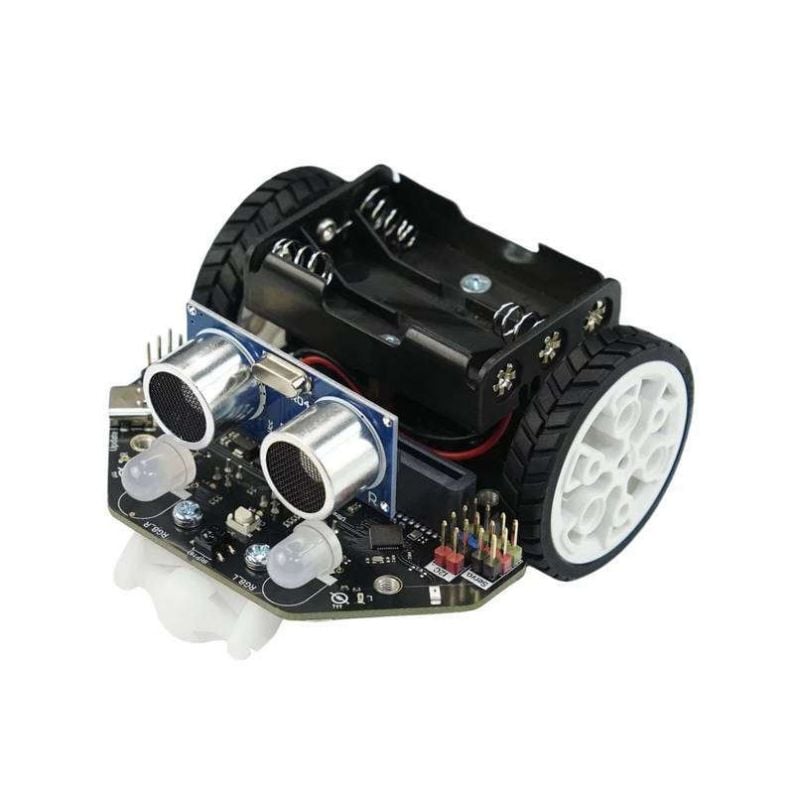 Maqueen Lite V5-robot med hjul, ultralydssensorer og frontmontert styrekrets