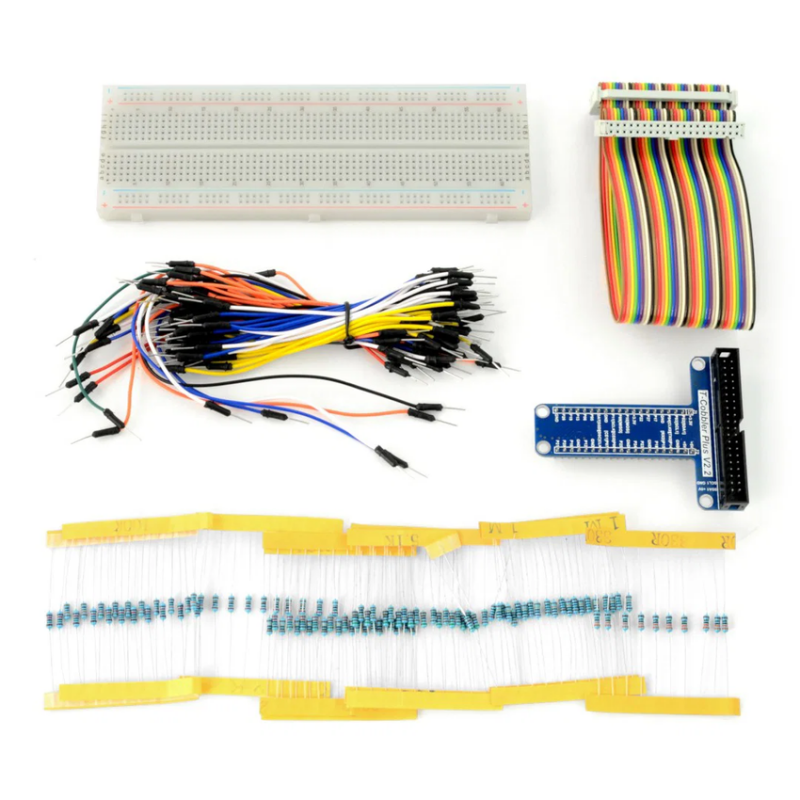 Prototypingssett med koblingsbrett, jumperledninger, GPIO-adapter og motstander