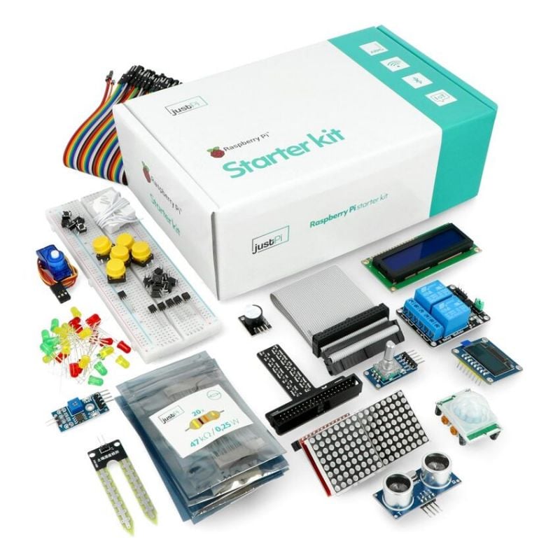 Prototypesett for Raspberry Pi med 21 komponenter – sensorer, display, servo, relé og mer