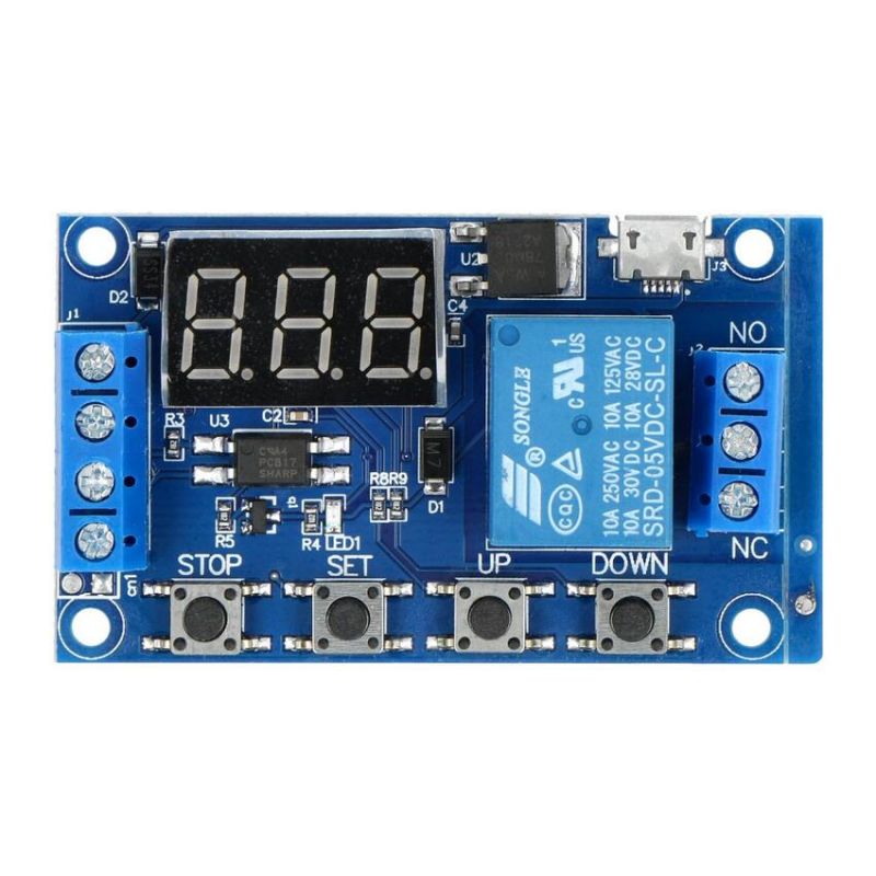Relémodul 1-kanal med programmerbar tidsforsinkelse, 10A/250VAC, 5V spole