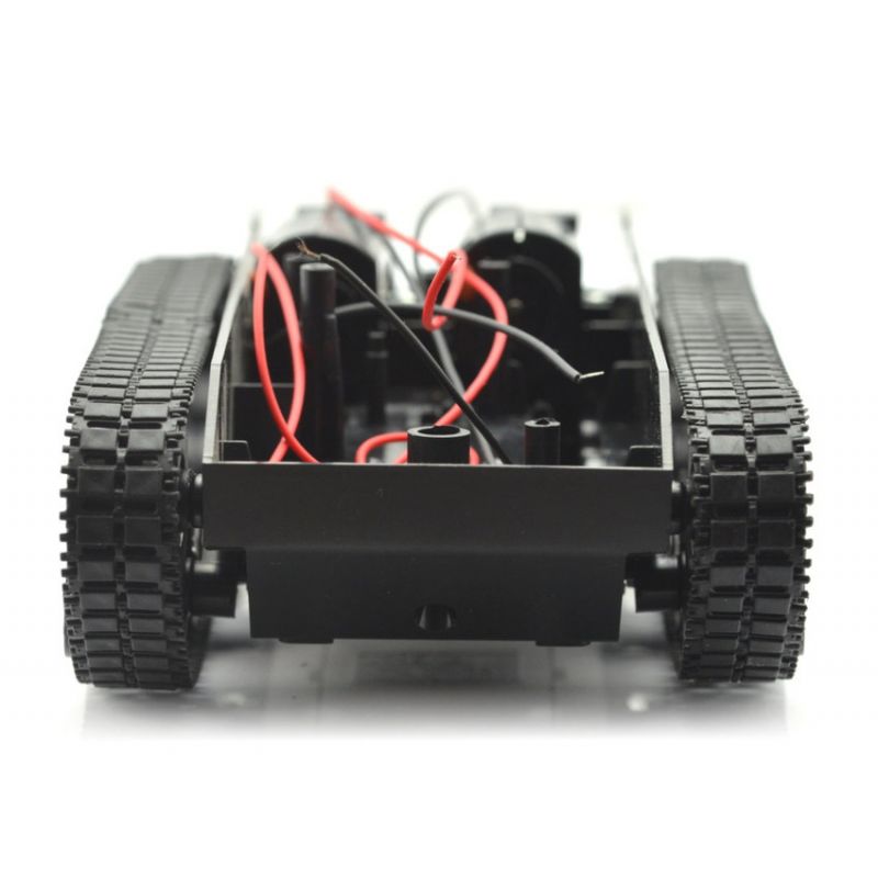 Belteg&aring;ende robotchassis med synlige DC-motorer, ledninger og fj&aelig;ring