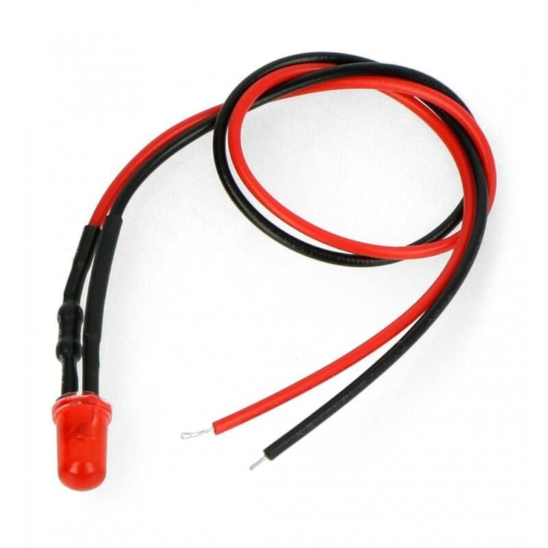 Ferdig rød LED-diode med ledning for 12V - 5 stk.
