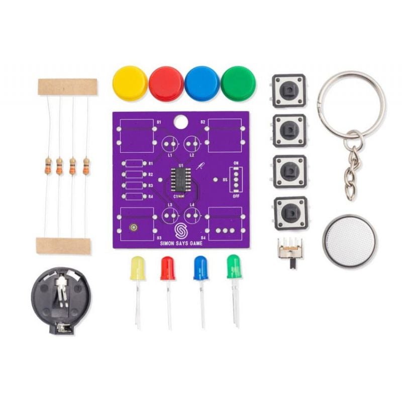 Simon Says loddesett med kretskort, knapper, lysdioder, motstander, batteriholder, batteri og nøkkelring