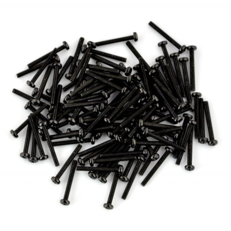 Svarte M2,5 x 20 mm skruer med PH1-krysspor, vist som en mengde p&aring; 100 stk.