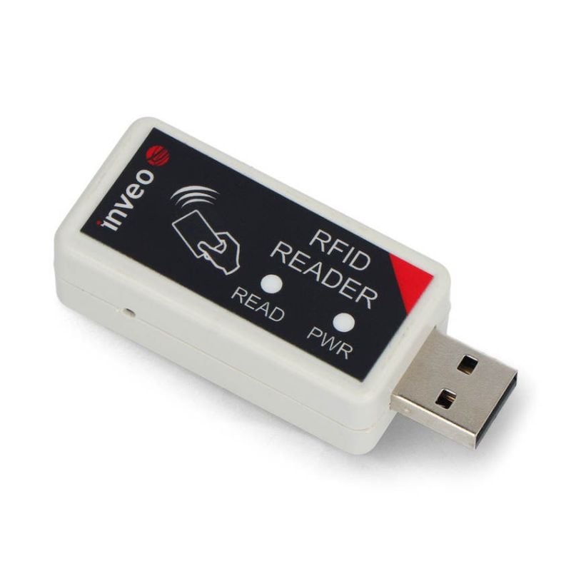 Kompakt USB-RFID-leser med synlig USB-plugg i vinklet produktvisning