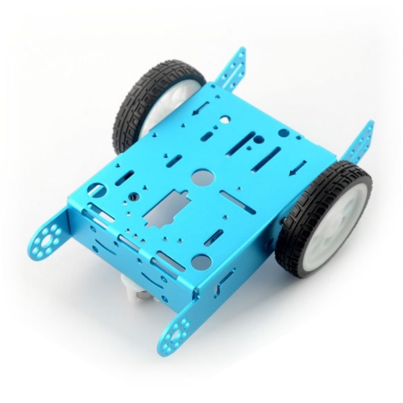Blått 2WD-robotchassis i metall med to sorte 65 mm hjul