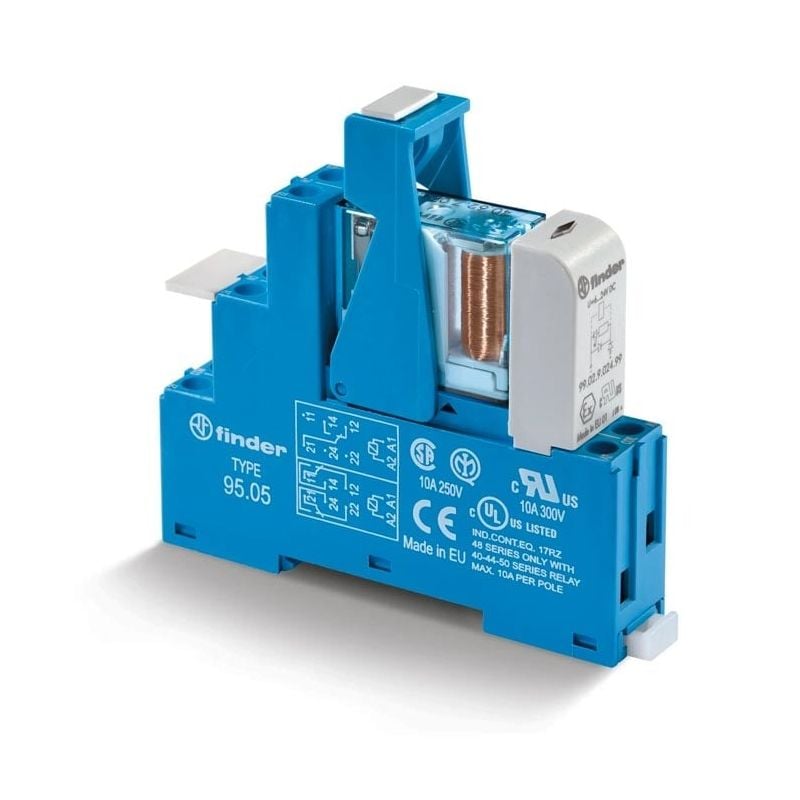Finder relé 12 V DC med DIN-feste – sett (40.31 + 95.05)