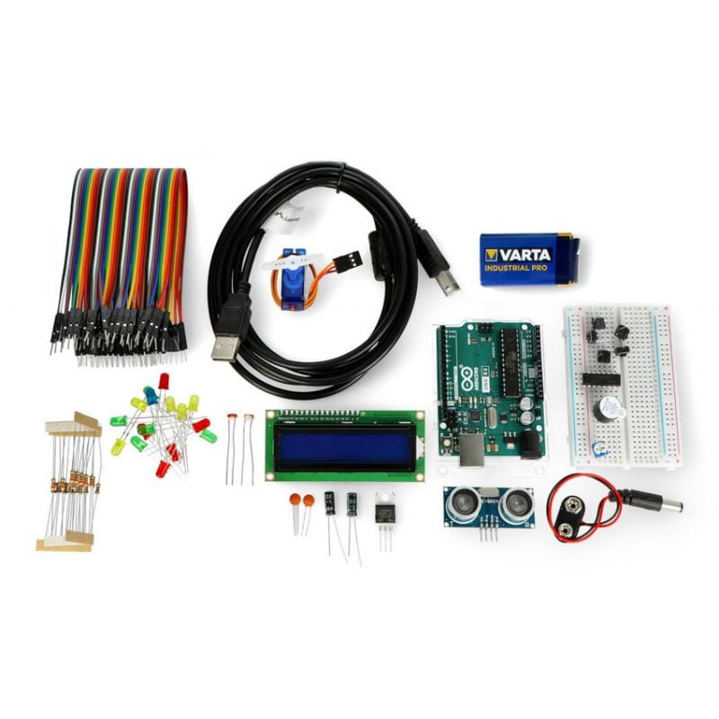 Arduino-startsett med Uno-kort, koblingsbrett, LCD-display, kabler og elektroniske komponenter