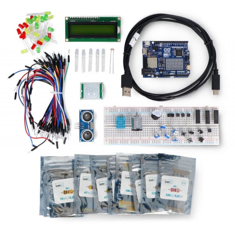 Arduino-startsett med kretskort, koblingsbrett, sensorer, ledninger og komponentposer