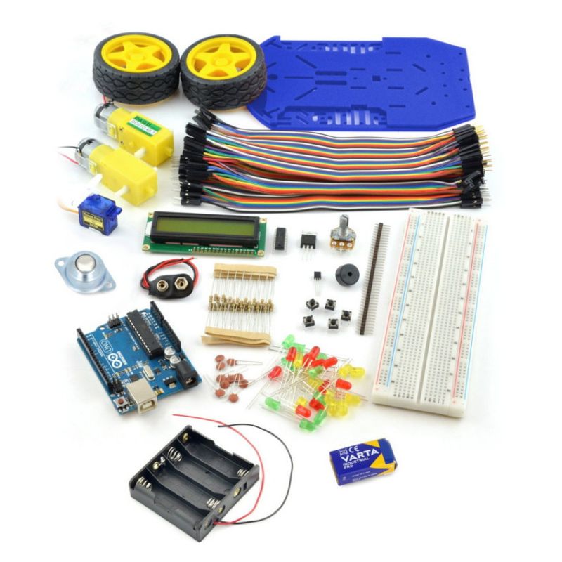 Arduino-startsett med robotchassis, hjul, Arduino-kort og elektronikkdeler
