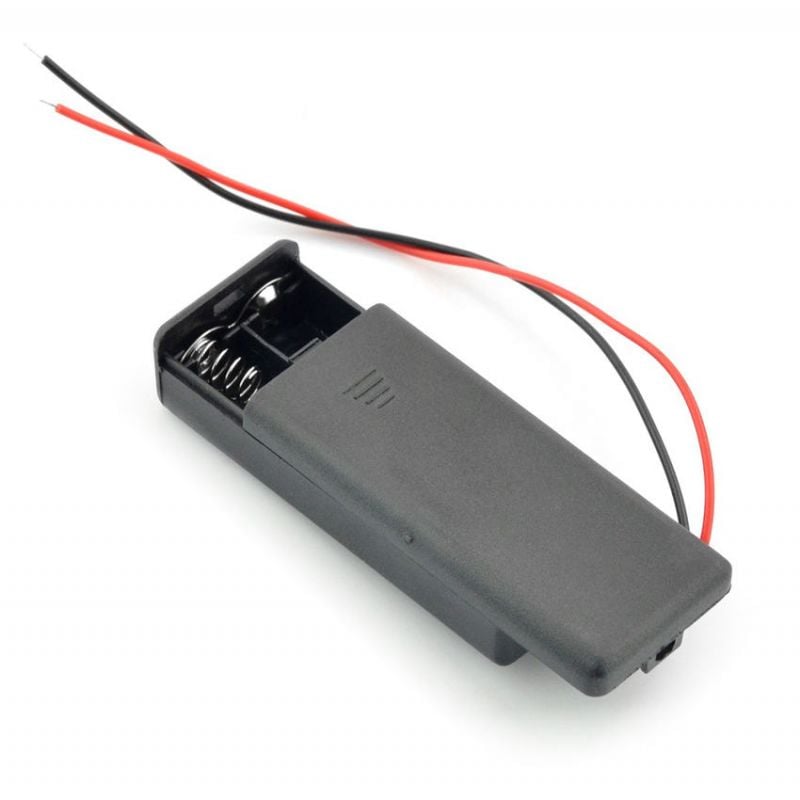Batteriholder for to AAA-batterier med lokk, bryter og røde og svarte ledninger