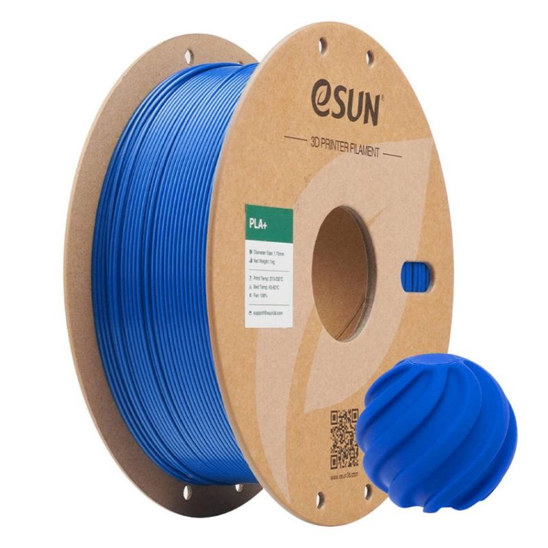 Blå eSUN PLA+-filament på spole med blå 3D-printet prøve