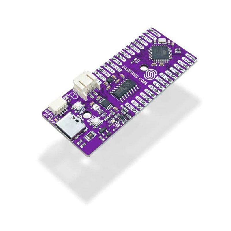 Dasduino CORE utviklingskort med USB-kontakt og usolerte pinnerekker