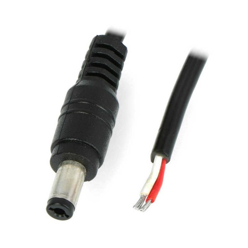 DC-kontakt med kabel og avisolerte røde og hvite ledere