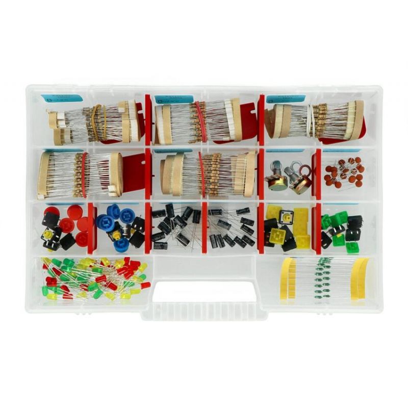 Sett med passive elektroniske komponenter, 500+ deler med organizer