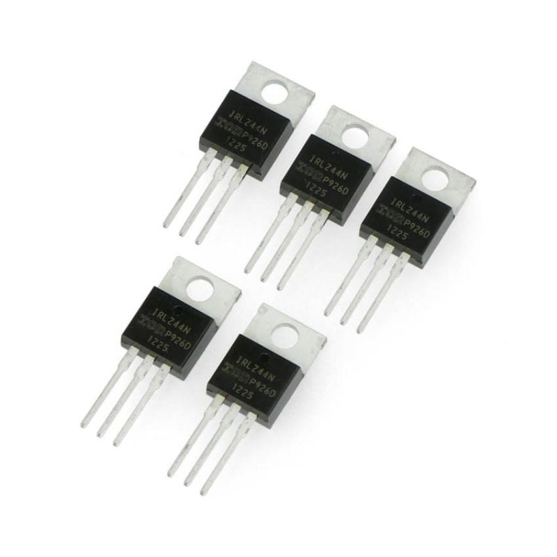 Fem N-kanals MOSFET-transistorer i TO-220-kapsling med tre tilkoblingsben
