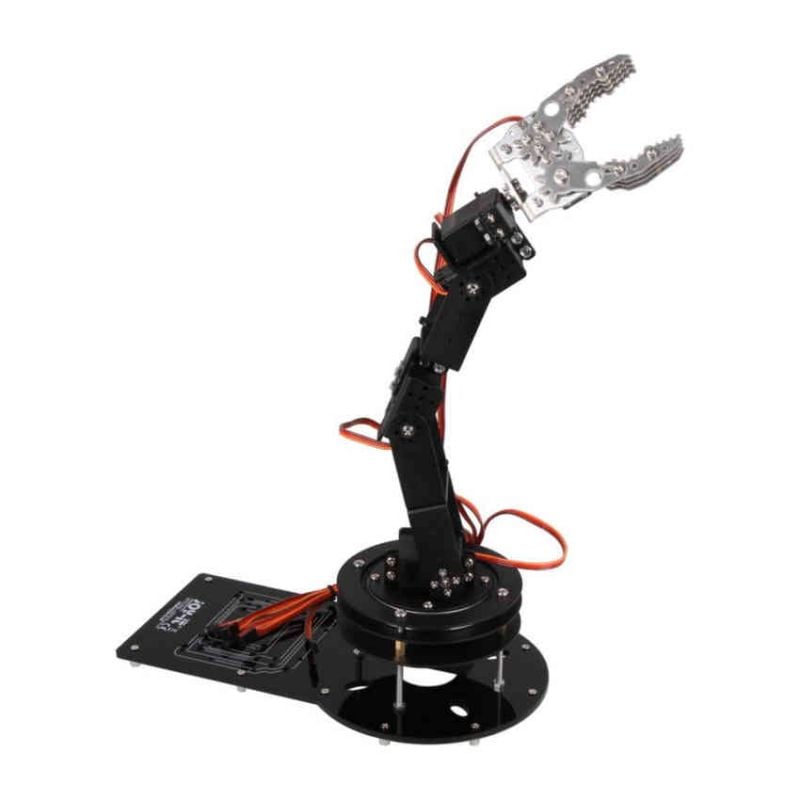 Femakset robotarm med metallgriper og rund base for Raspberry Pi og Arduino