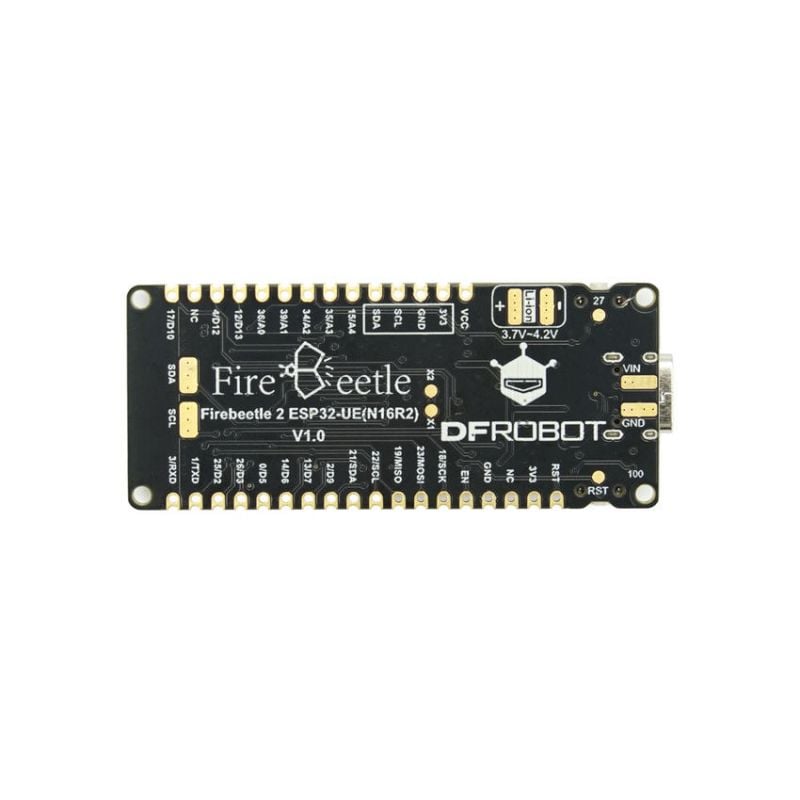FireBeetle 2 ESP32-kort vist fra oversiden med tilkoblingspinner og batterikontakt