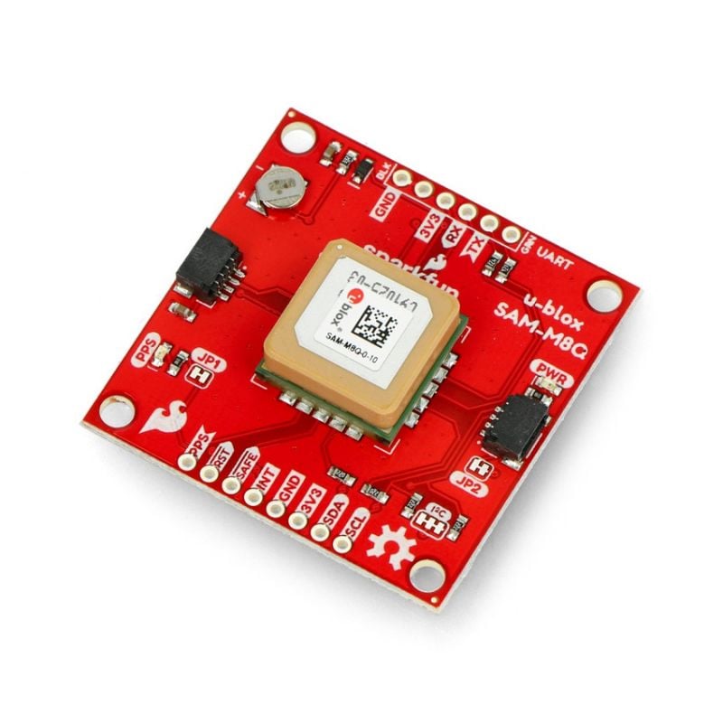 GNSS-modul med integrert keramisk PCB-antenne og synlige tilkoblingspinner, vist i vinkel