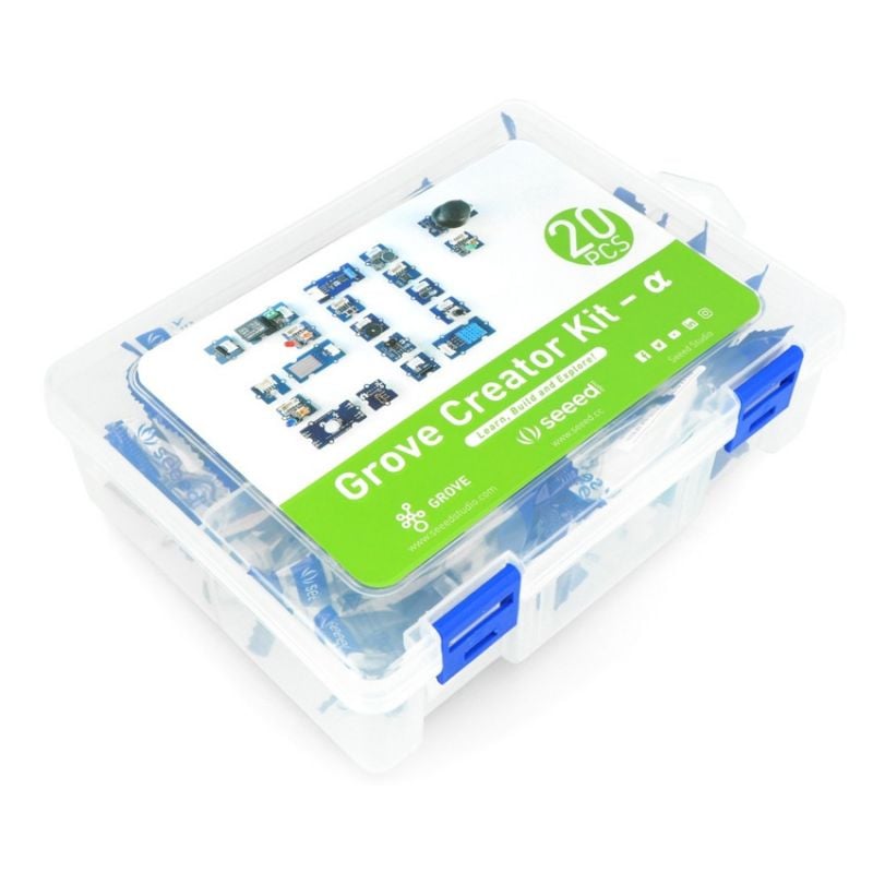 Grove Creator Kit Alpha med 20 moduler i gjennomsiktig oppbevaringsboks, vist skr&aring;tt ovenfra