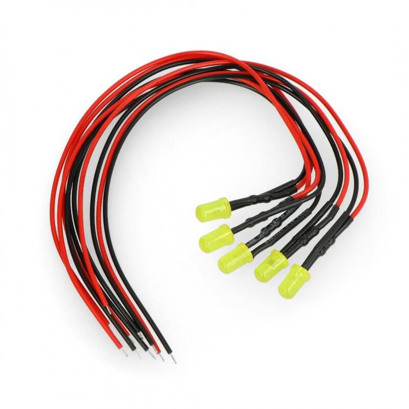 Gul 5mm LED for 12V med motstand og ledning, 5 stk.