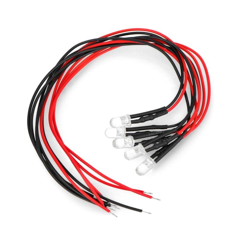 5 mm 12V LED med motstand og ledning, hvit, 5 stk.
