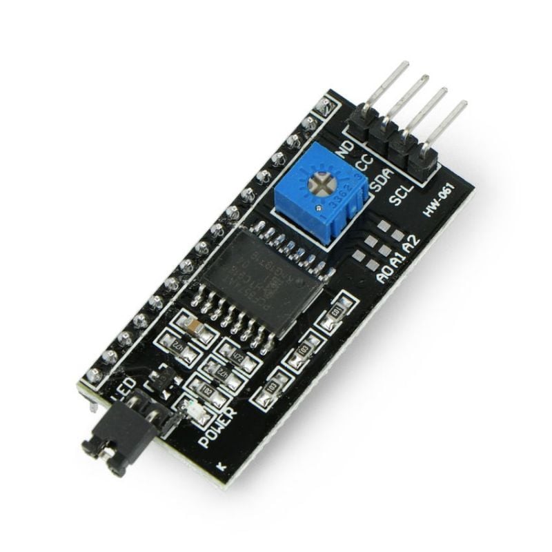 I2C-adapter for HD44780 LCD-display med blå kontrastjustering og tilkoblingspinner
