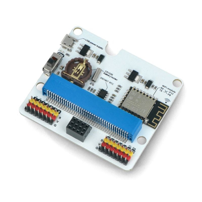 IoT-utvidelseskort for BBC micro:bit med WiFi, sett i vinkel med kontakter og batteriholder
