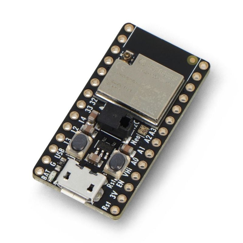 ItsyBitsy ESP32-utviklingskort med w.FL og USB-kontakt, vist i vinkel
