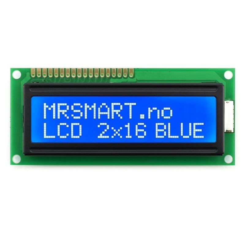 LCD-skjerm 2x16 tegn med blått bakgrunnslys, HD44780-kompatibel