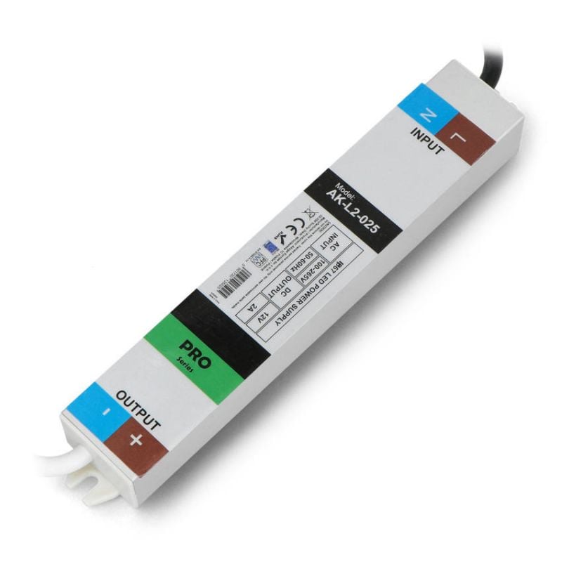 LED-strømforsyning Akyga 12 V 2 A med IP67-beskyttelse og synlige inngangs- og utgangsledninger