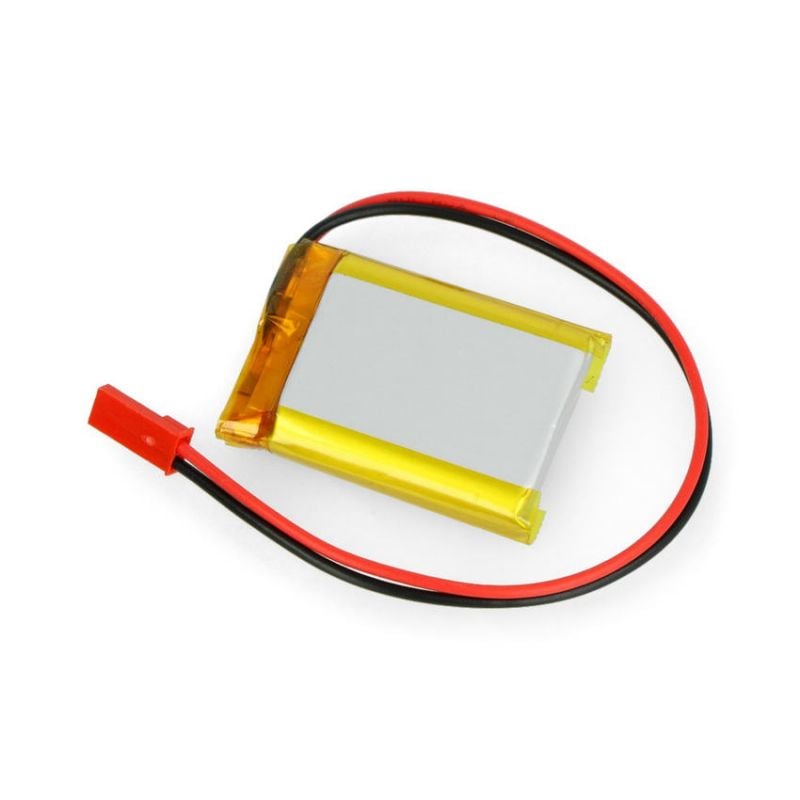 LiPo-batteri med synlig 2-pinners JST-hunnkontakt og røde og svarte ledninger