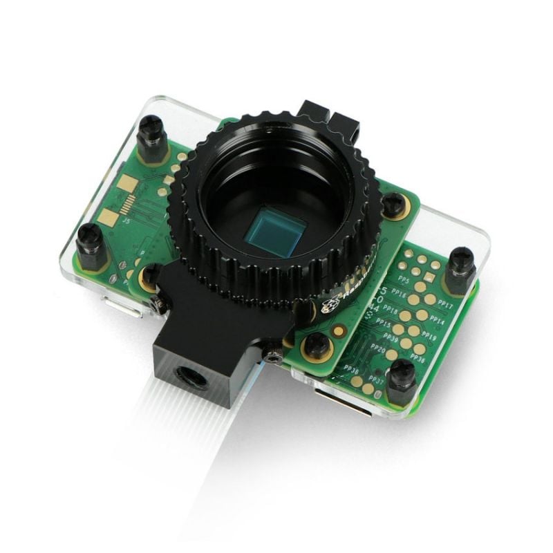 Monteringsplate med Raspberry Pi HQ-kamera og objektiv sett ovenfra