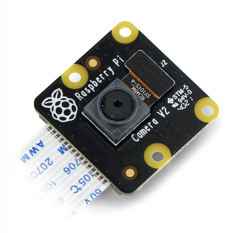 NoIR-kamera for Raspberry Pi med kameramodul og flatkabel, vist i skr&aring; vinkel