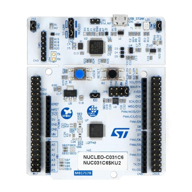 STM32 utviklingskort med Cortex-M0+, ST-LINK og Morpho-pinner