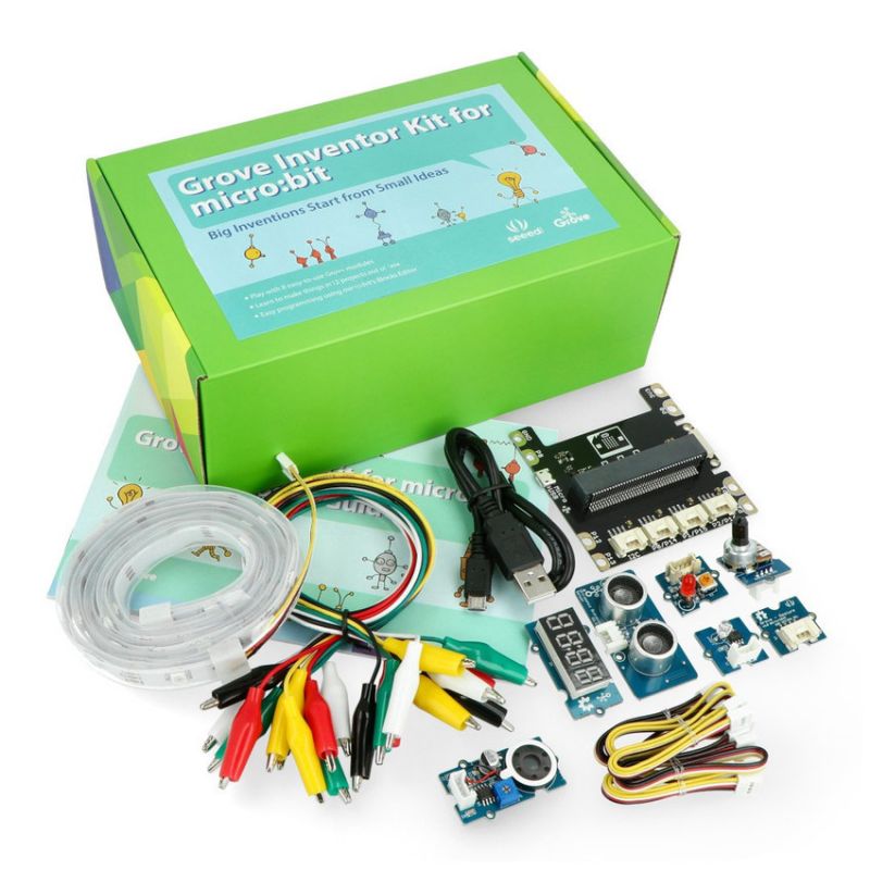 Oppfinnersett for BBC micro:bit med Grove-moduler og synlige sensorer, kabler og koblingskort