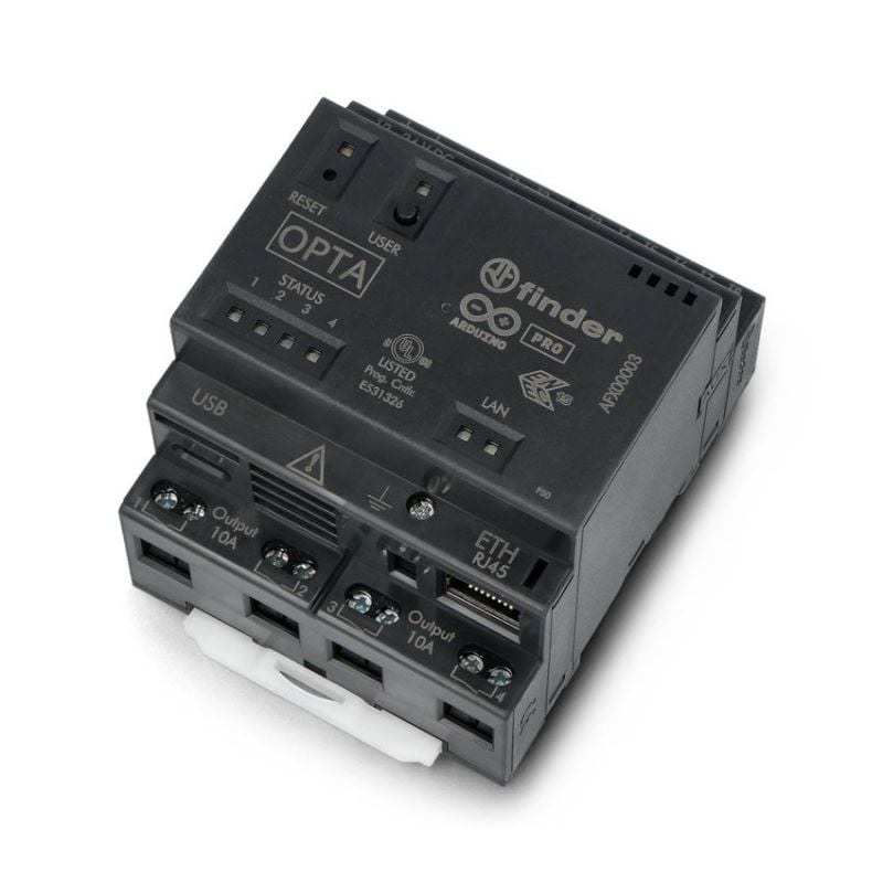 Arduino Opta Lite mikro-PLC med synlige USB-, Ethernet- og utgangstilkoblinger
