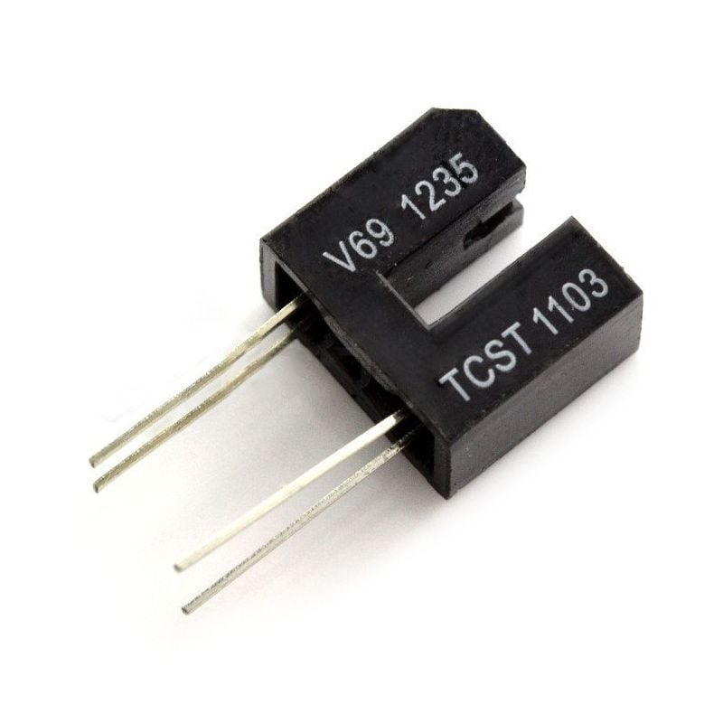 Optisk spaltesensor med IR-diode og fototransistor i svart hus med fire tilkoblingsbein
