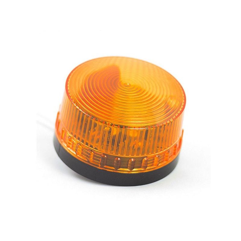Oransje LED-varsellampe med rillet kuppel og svart sokkel