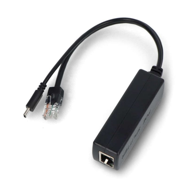 PoE-splitter for Raspberry Pi 4B med synlig RJ45-port og USB-C-kabel