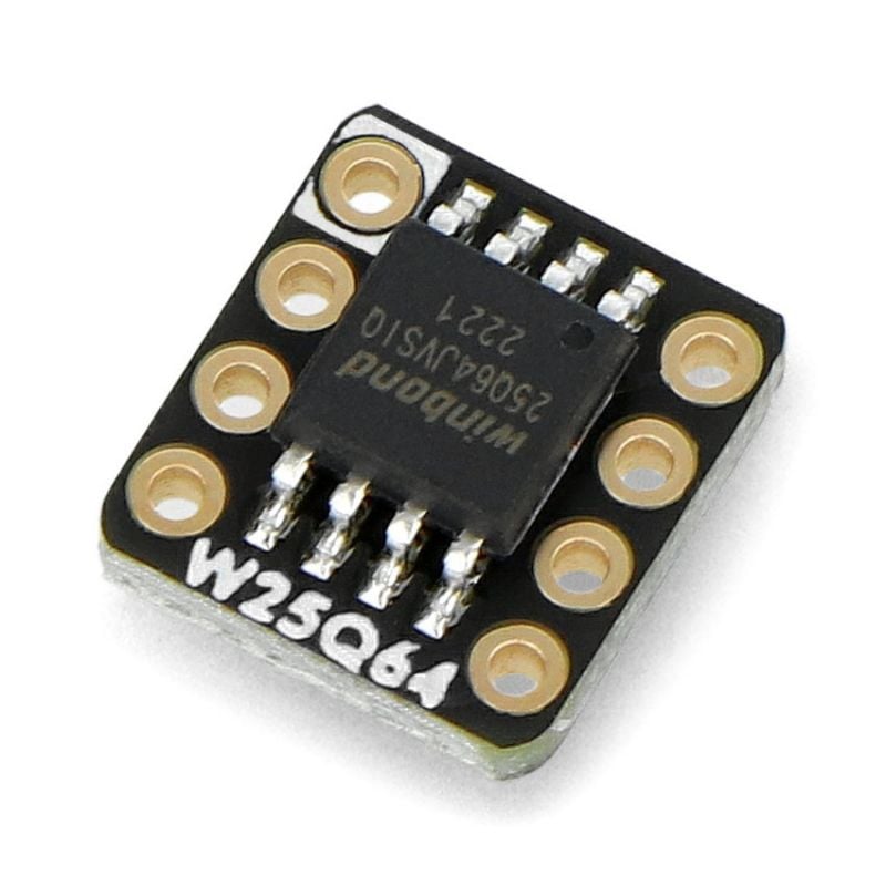 Adafruit QSPI-flashminnemodul med synlig W25Q64-brikke og åtte loddehull