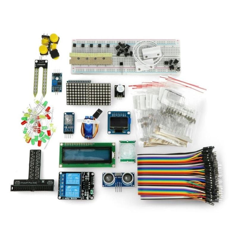 Prototypesett for Raspberry Pi med 21 komponenter – sensorer, display, servo, relé og mer