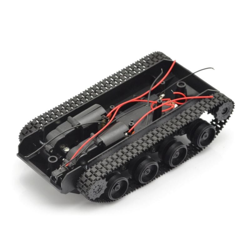 Belteg&aring;ende robotchassis med synlige DC-motorer, ledninger og fj&aelig;ring