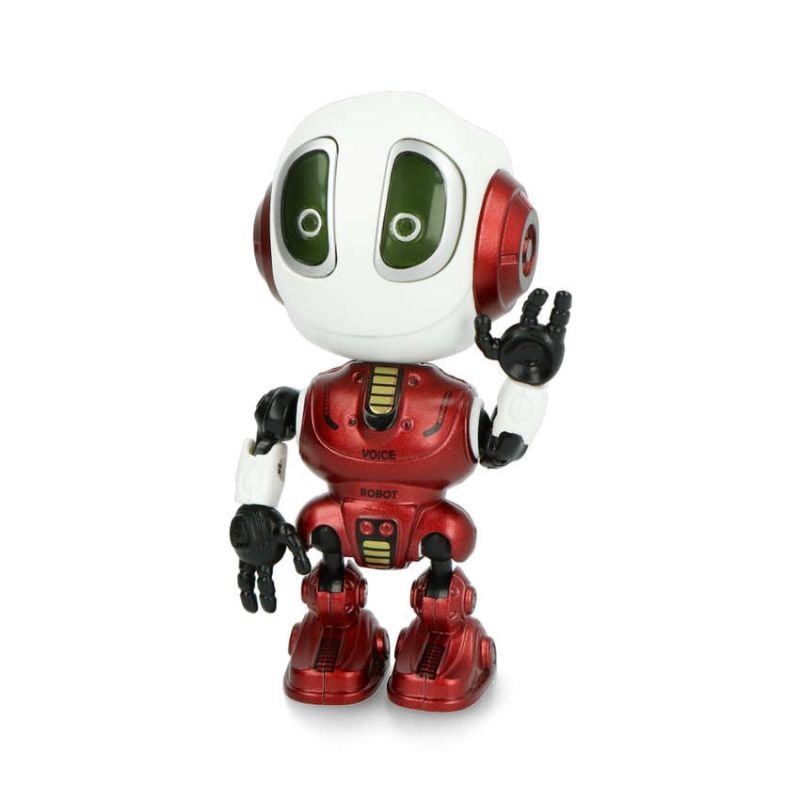Rød humanoid lekerobot i stående, lett vinklet positur med løftet hånd
