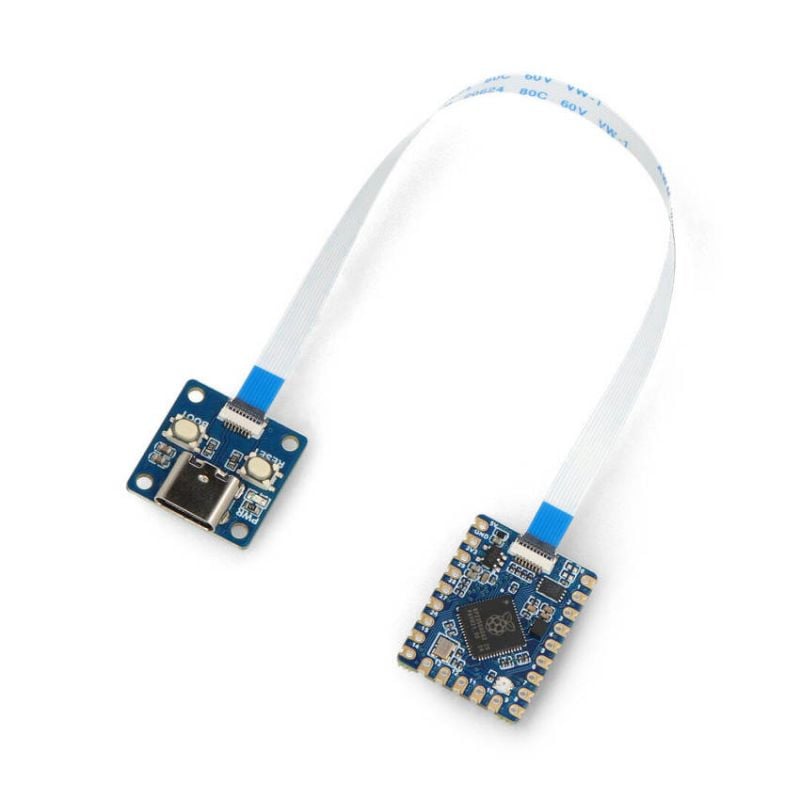 Waveshare RP2350-Tiny utviklingskort med USB-C-adapter og flatkabel