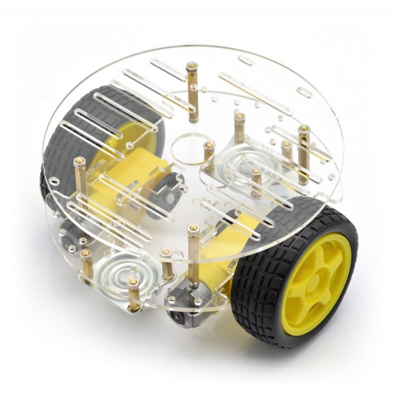 Rundt 2WD-robotunderstell med to gule hjul, doble motorer og transparent toppplate
